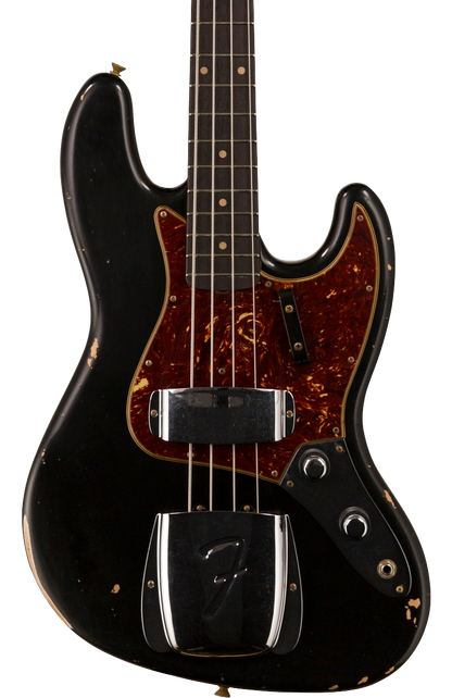 Front of Fender Custom Shop 1962 Jazz Bass Relic Aged Black.