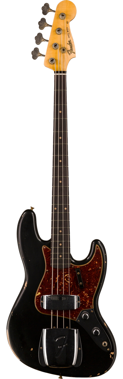 Full frontal of Fender Custom Shop 1962 Jazz Bass Relic Aged Black.