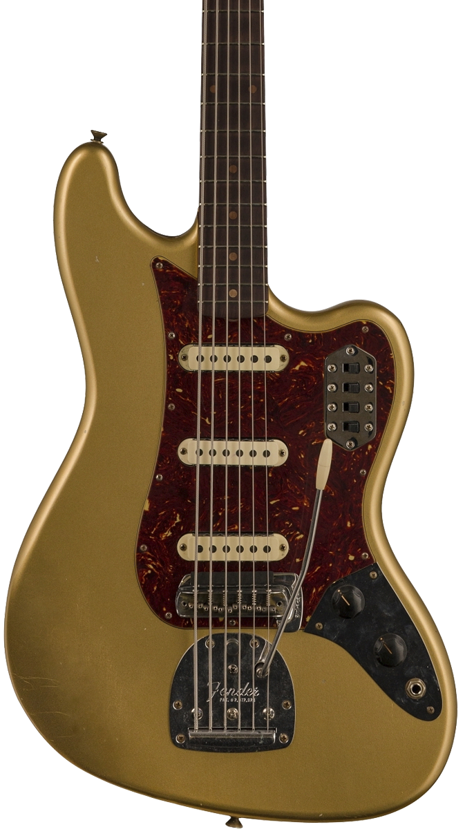 Front of Fender Custom Shop Limited Edition Bass VI Journeyman Relic Aged Aztec Gold.