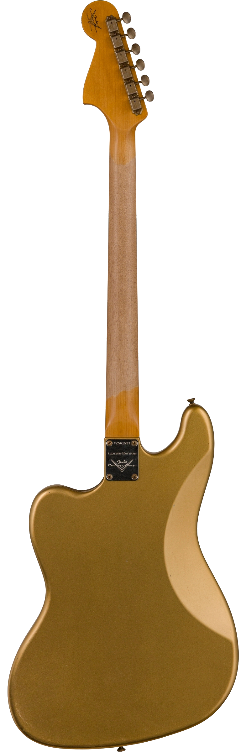 Full back shot of Fender Custom Shop Limited Edition Bass VI Journeyman Relic Aged Aztec Gold.