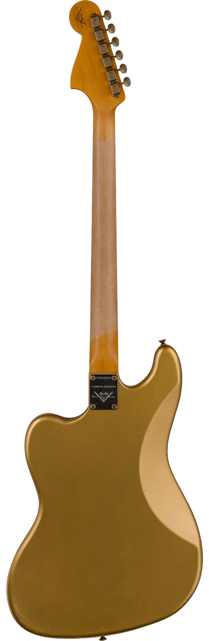 Full back shot of Fender Custom Shop Limited Edition Bass VI Journeyman Relic Aged Aztec Gold.