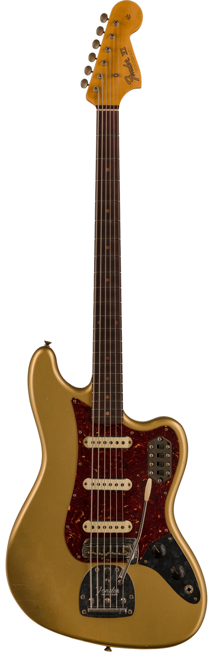 Full front shot of Fender Custom Shop Limited Edition Bass VI Journeyman Relic Aged Aztec Gold.