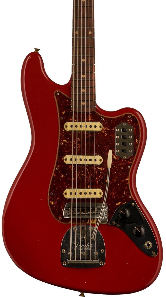 Front of body of Fender Custom Shop Limited Edition Bass VI Journeyman Relic Aged Dakota Red.