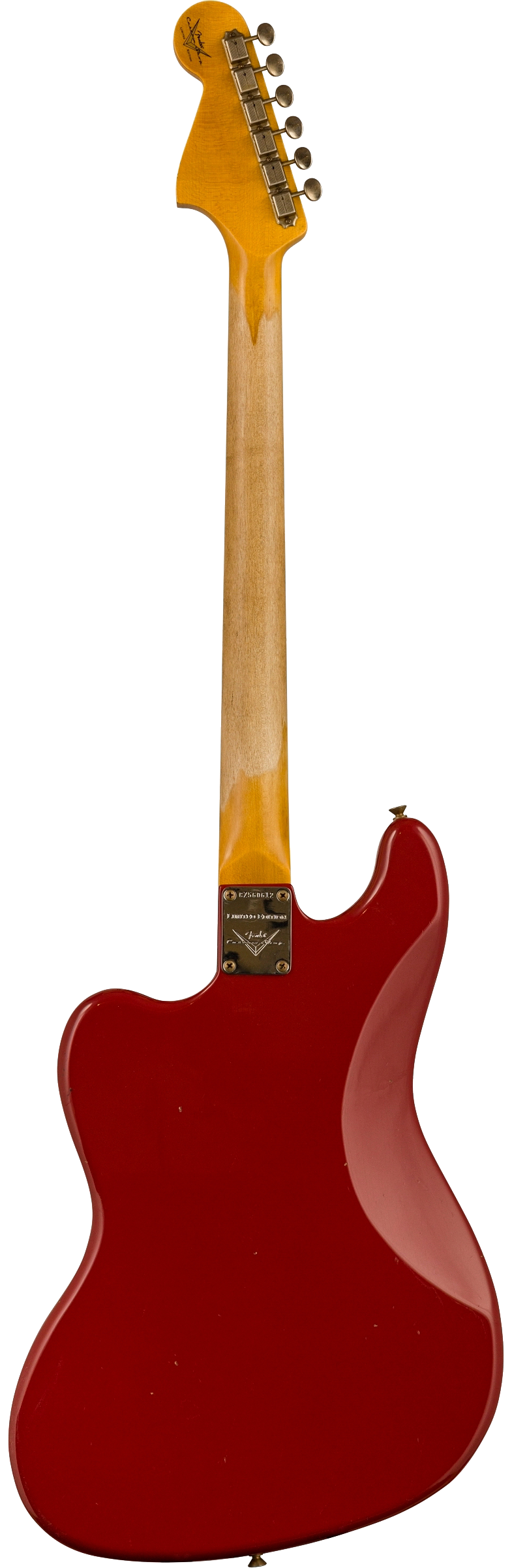 Full back shot of Fender Custom Shop Limited Edition Bass VI Journeyman Relic Aged Dakota Red.