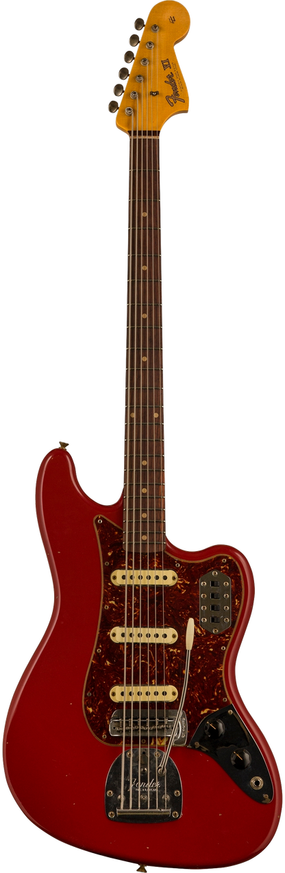 Full front shot of Fender Custom Shop Limited Edition Bass VI Journeyman Relic Aged Dakota Red.