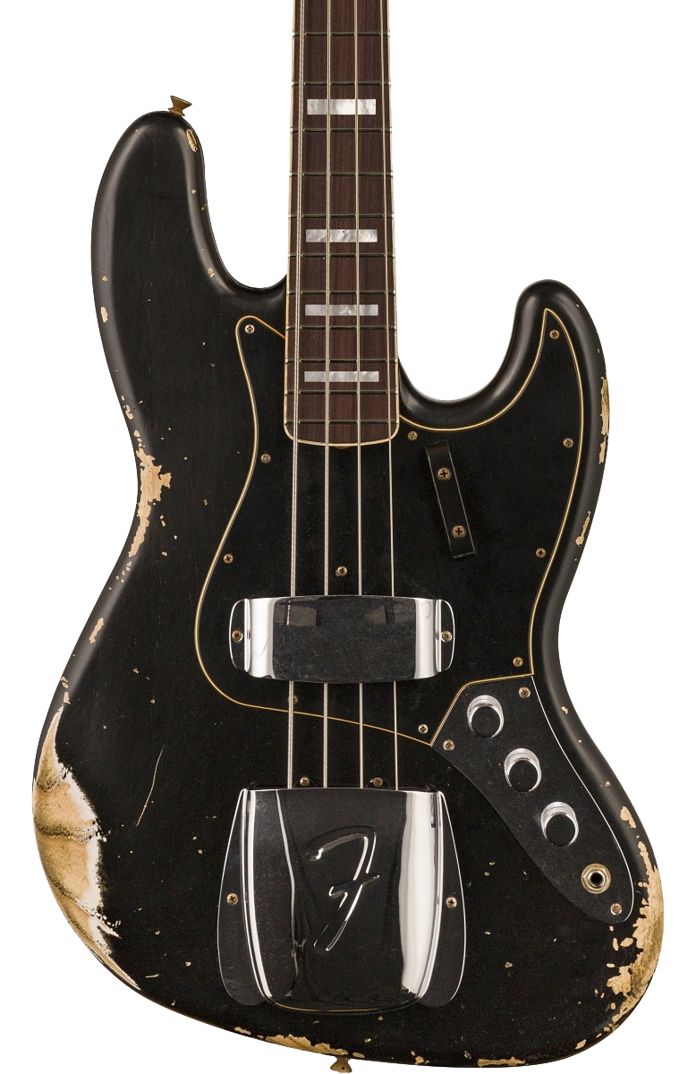 Front of Fender Custom Shop Limited Edition Custom Jazz Bass Heavy Relic Aged Black.