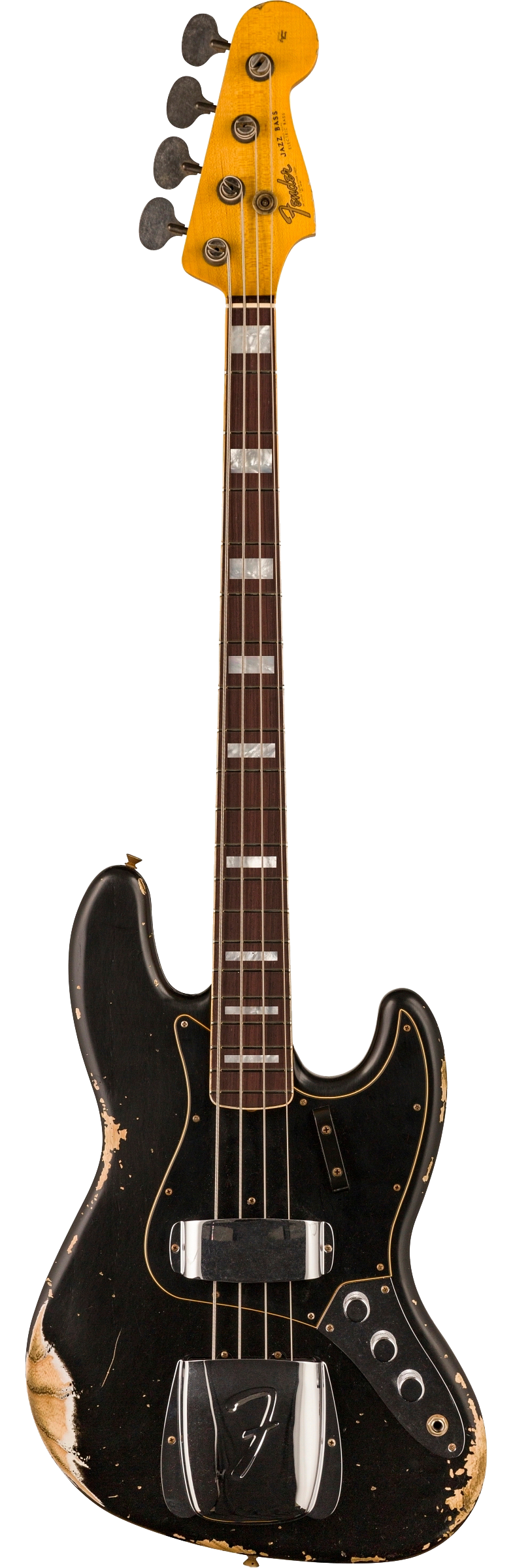 Full frontal of Fender Custom Shop Limited Edition Custom Jazz Bass Heavy Relic Aged Black.