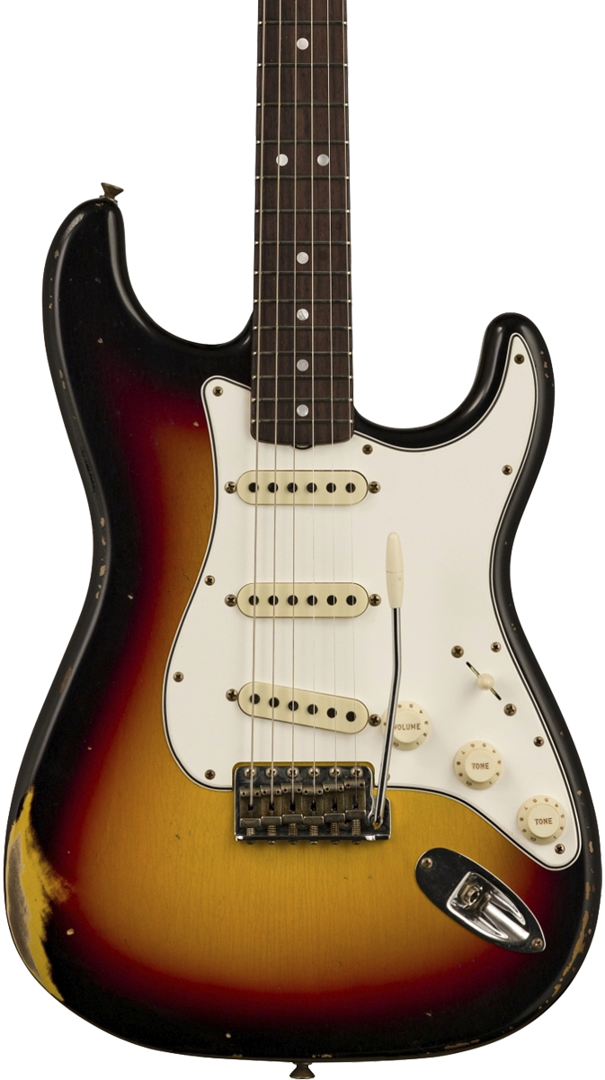 Front of Fender Custom Shop Limited Edition Late 64 Strat Relic Target 3 Color Sunburst.
