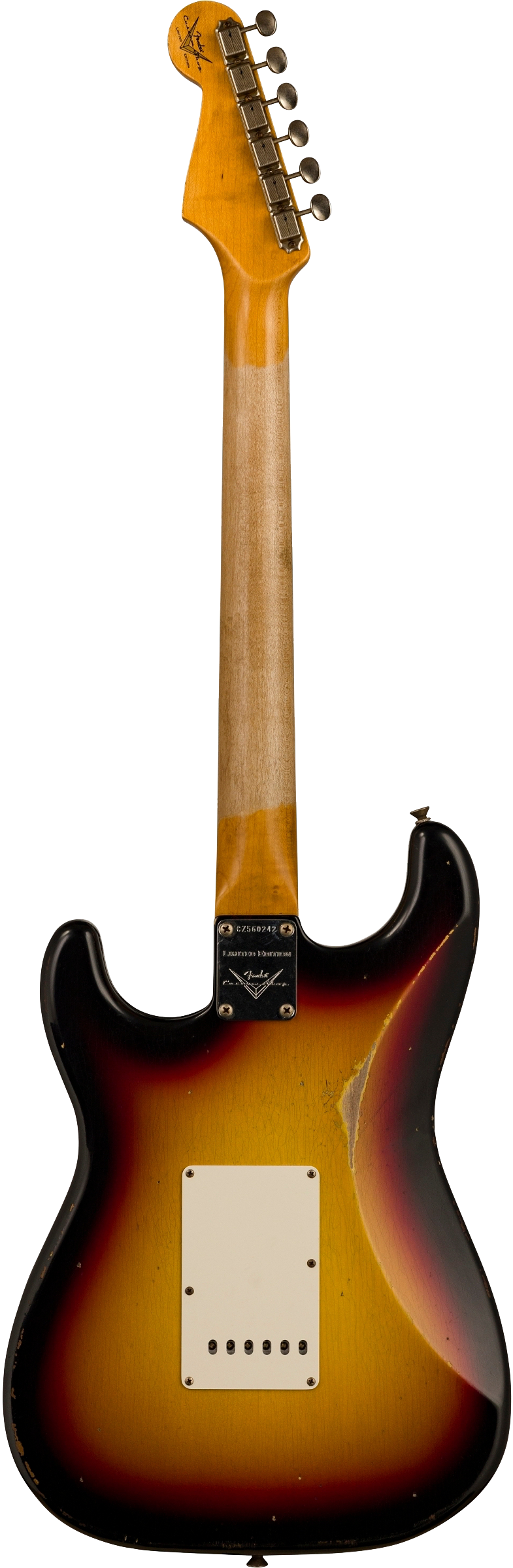 Full back shot of Fender Custom Shop Limited Edition Late 64 Strat Relic Target 3 Color Sunburst.