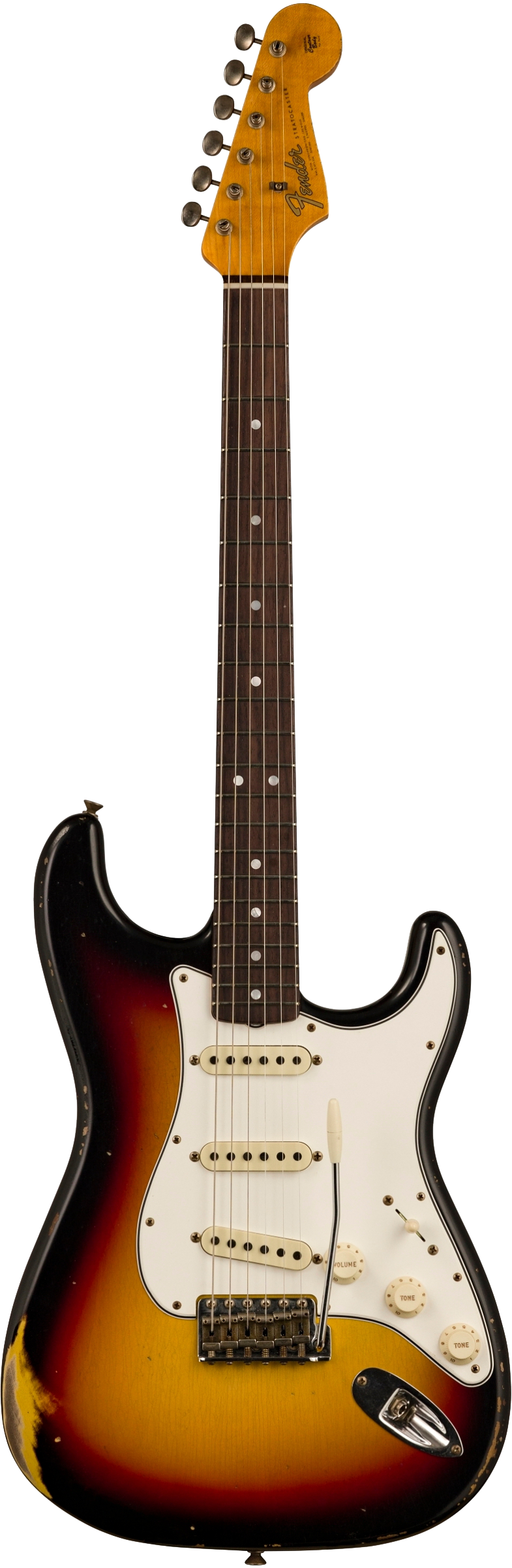 Full front shot of Fender Custom Shop Limited Edition Late 64 Strat Relic Target 3 Color Sunburst.