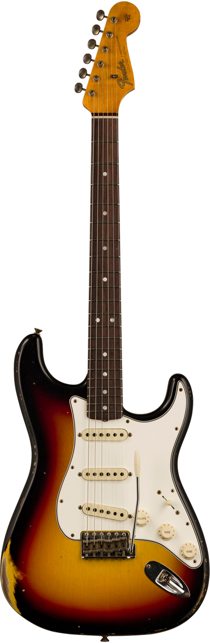 Full front shot of Fender Custom Shop Limited Edition Late 64 Strat Relic Target 3 Color Sunburst.