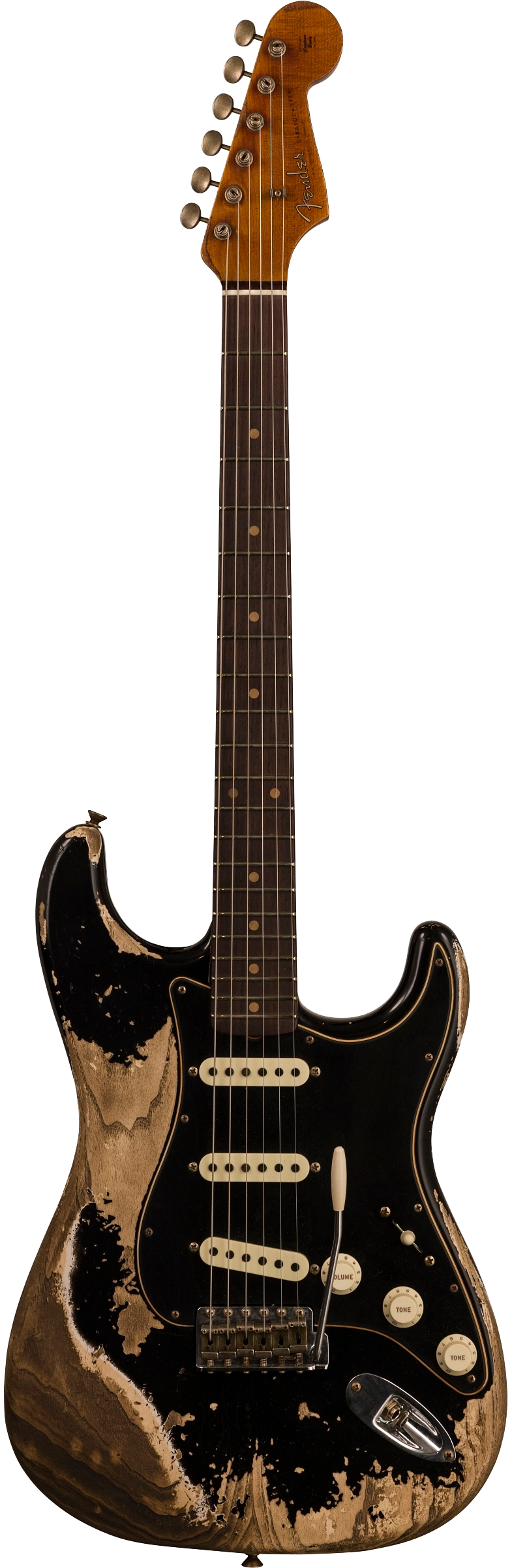 Full frontal of Fender Custom Shop Limited Edition Poblano Stratocaster Super Heavy Relic Aged Black.