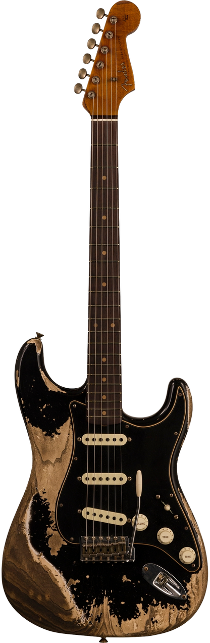 Full frontal of Fender Custom Shop Limited Edition Poblano Stratocaster Super Heavy Relic Aged Black.