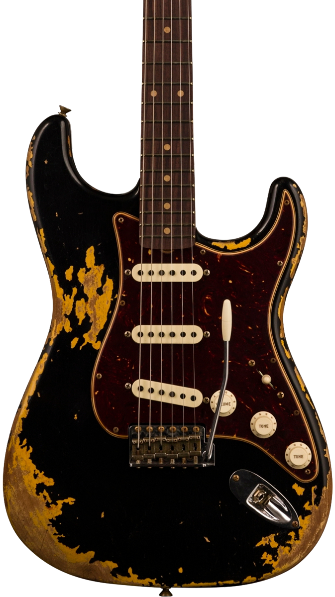Front of body of Fender Custom Shop Limited Edition Roasted '60 Strat Super Heavy Relic Aged Black Over 3 Color Sunburst.