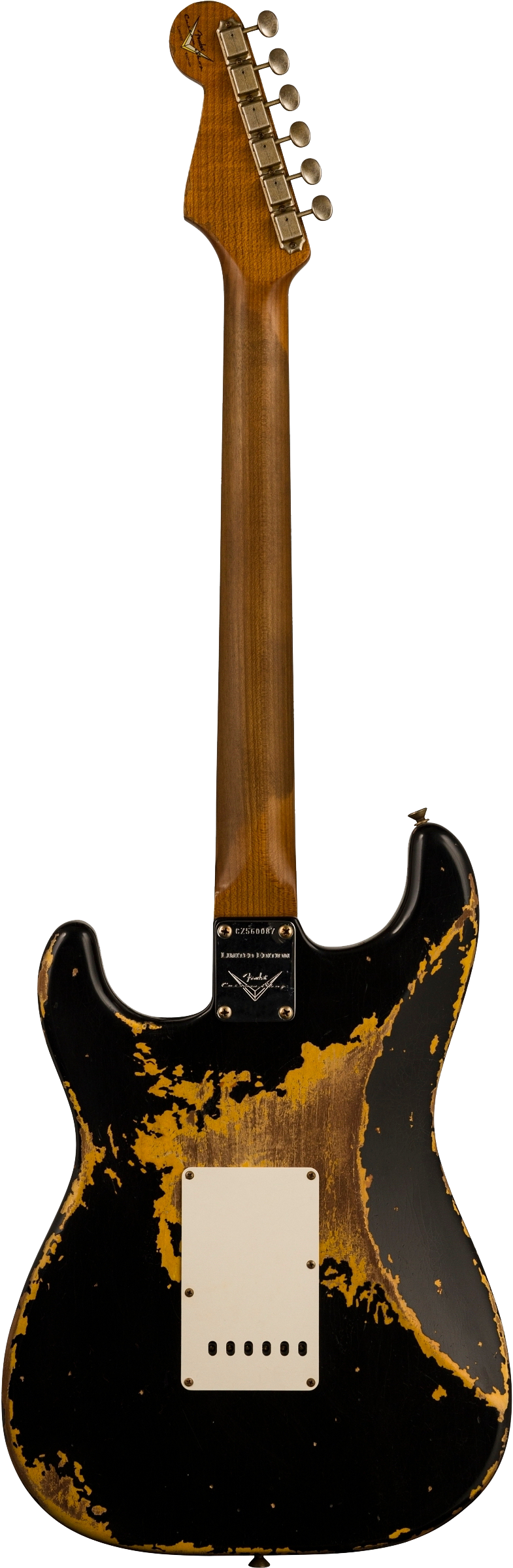 Full back shot of Fender Custom Shop Limited Edition Roasted '60 Strat Super Heavy Relic Aged Black Over 3 Color Sunburst.