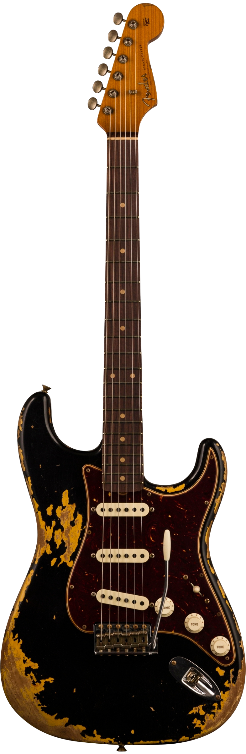 Full front shot of Fender Custom Shop Limited Edition Roasted '60 Strat Super Heavy Relic Aged Black Over 3 Color Sunburst.