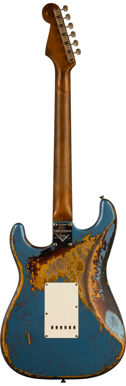 Full back shot of Fender Custom Shop Limited Edition Roasted '60 Strat Super Heavy Relic Aged Lake Placid Blue Over 3 Color Sunburst.