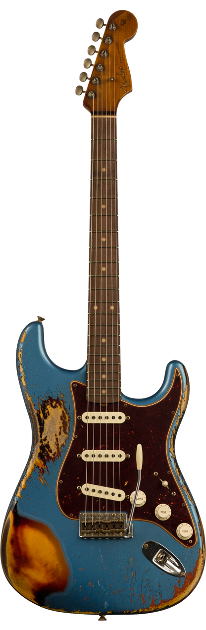 Full front shot of Fender Custom Shop Limited Edition Roasted '60 Strat Super Heavy Relic Aged Lake Placid Blue Over 3 Color Sunburst.