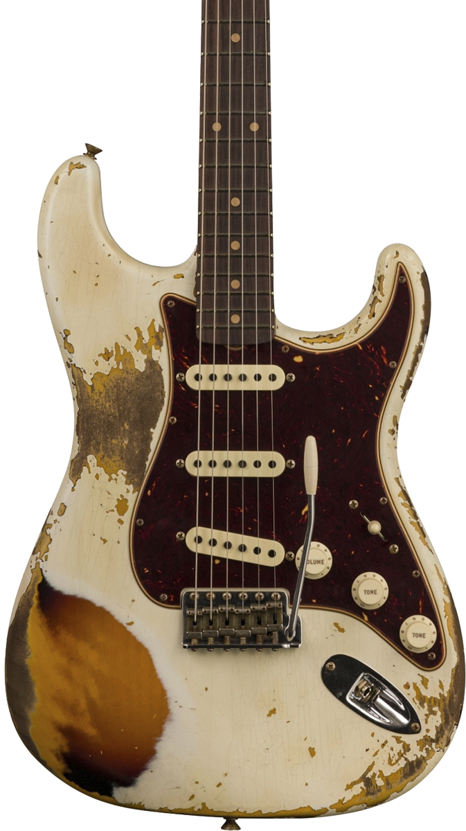 Front of Fender Custom Shop Limited Edition Roasted '60 Strat Super Heavy Relic Aged Olympic White Over 3 Color Sunburst.