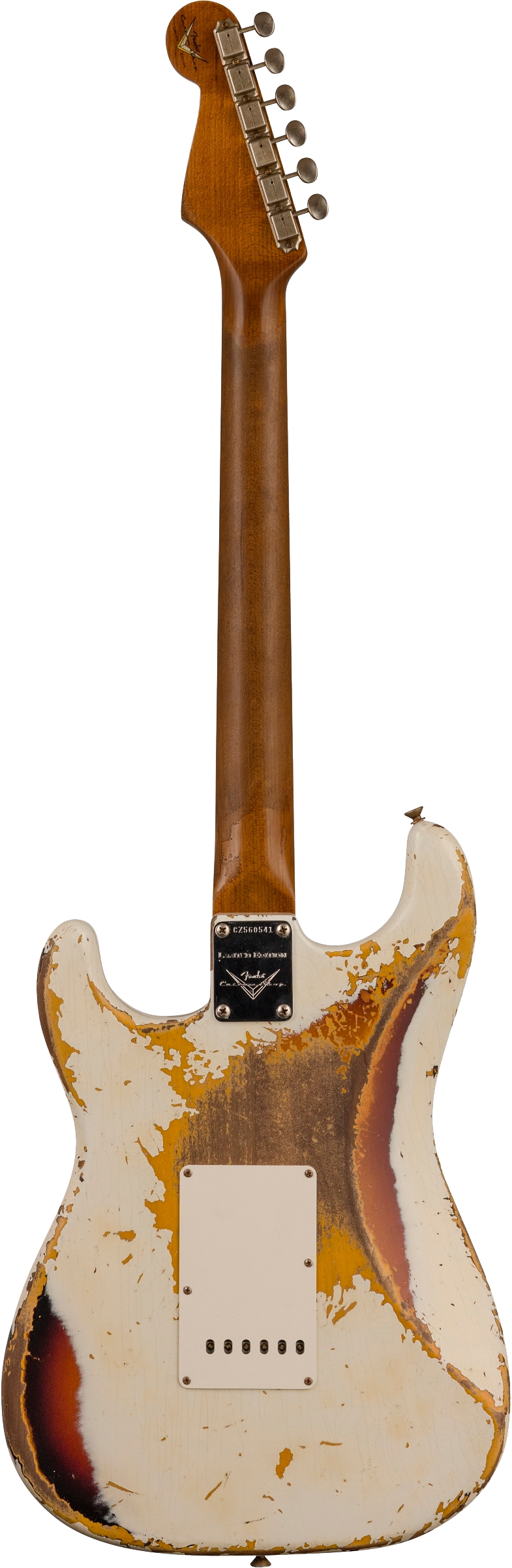 Back of Fender Custom Shop Limited Edition Roasted '60 Strat Super Heavy Relic Aged Olympic White Over 3 Color Sunburst.
