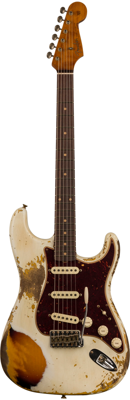 Full frontal of Fender Custom Shop Limited Edition Roasted '60 Strat Super Heavy Relic Aged Olympic White Over 3 Color Sunburst.