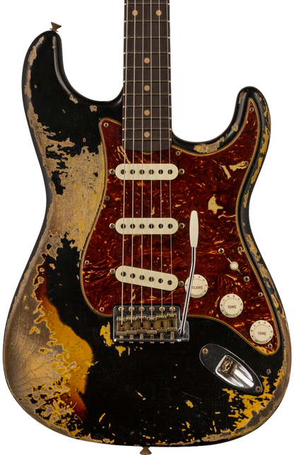 Front of Fender Custom Shop Limited Edition Roasted '61 Strat - Super Heavy Relic Aged Black over 3-color Sunburst.