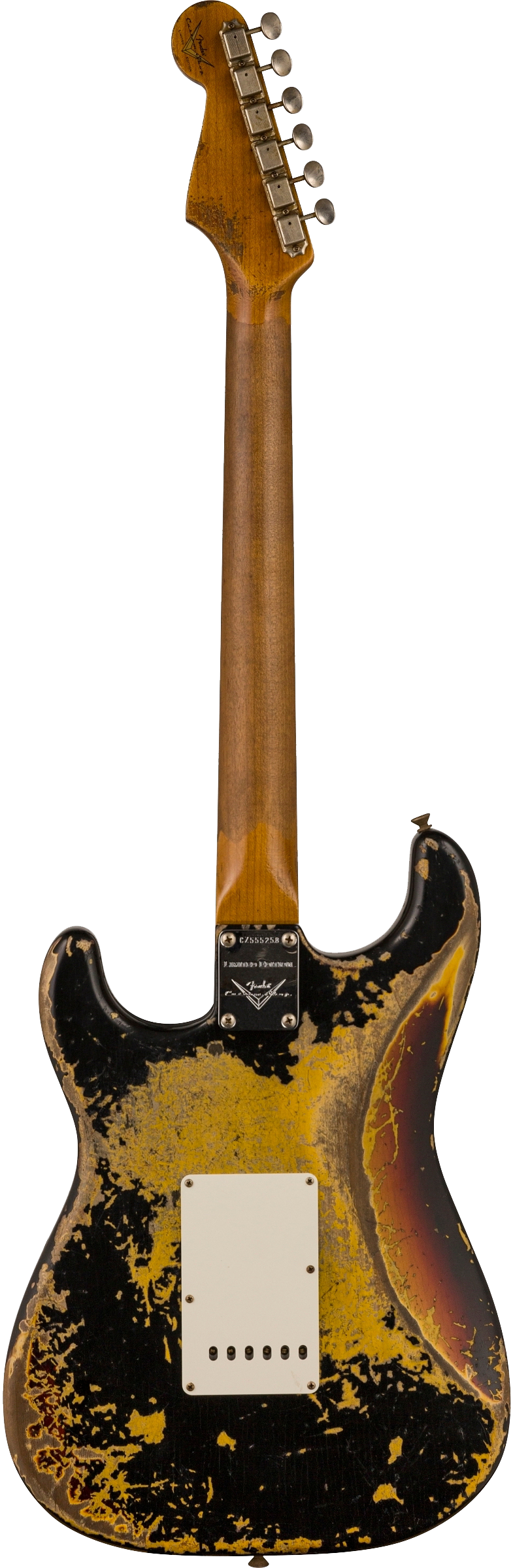 Back of Fender Custom Shop Limited Edition Roasted '61 Strat - Super Heavy Relic Aged Black over 3-color Sunburst.
