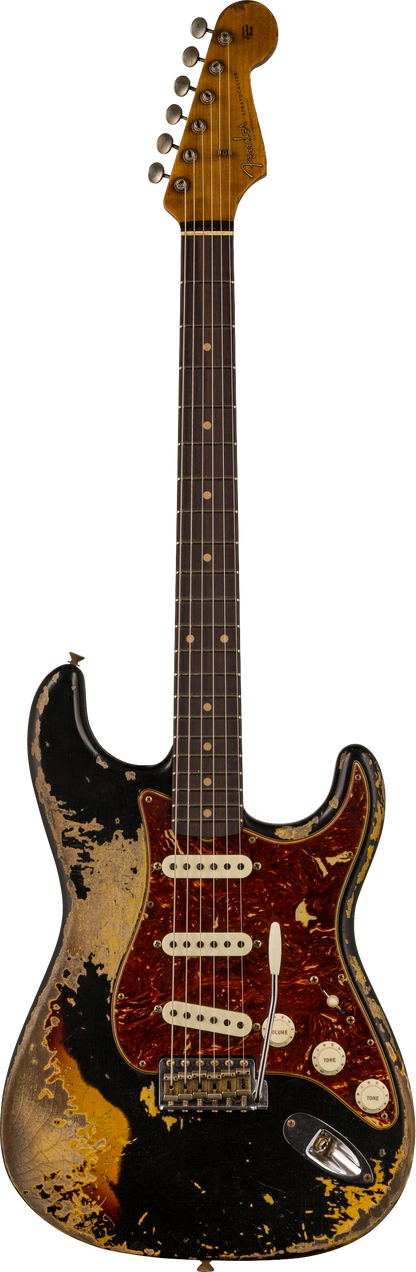 Full frontal of Fender Custom Shop Limited Edition Roasted '61 Strat - Super Heavy Relic Aged Black over 3-color Sunburst.