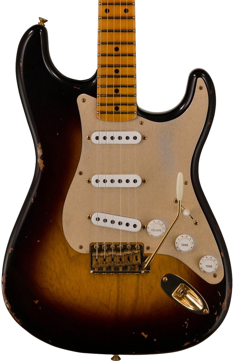 Front of Fender Custom Shop Limited Edition '55 "bone-tone" Strat - Relic Wide-Fade 2-color Sunburst.
