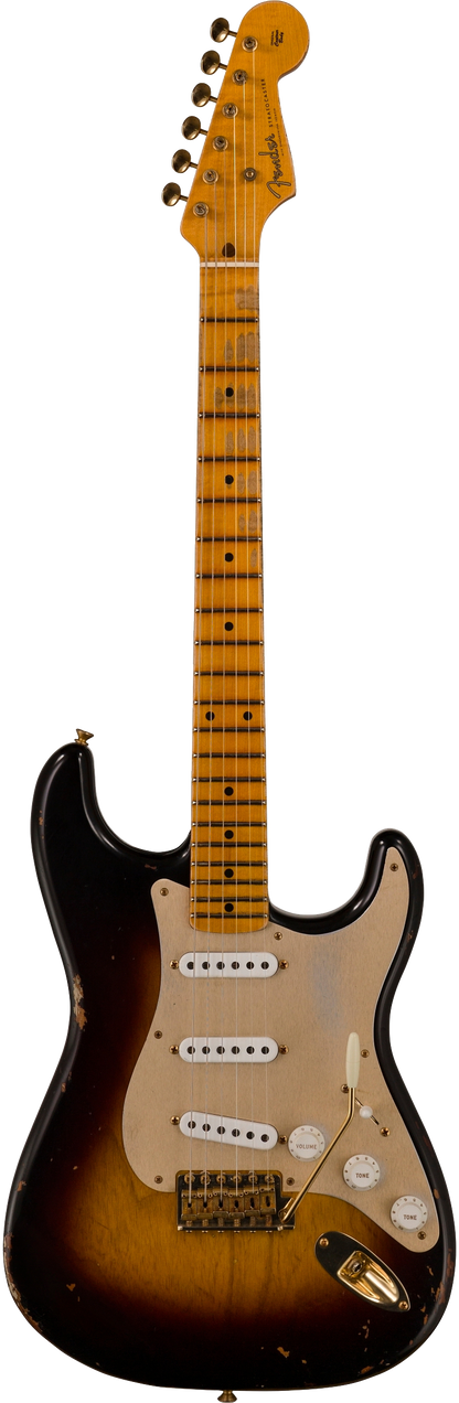 Full frontal of Fender Custom Shop Limited Edition '55 "bone-tone" Strat - Relic Wide-Fade 2-color Sunburst.