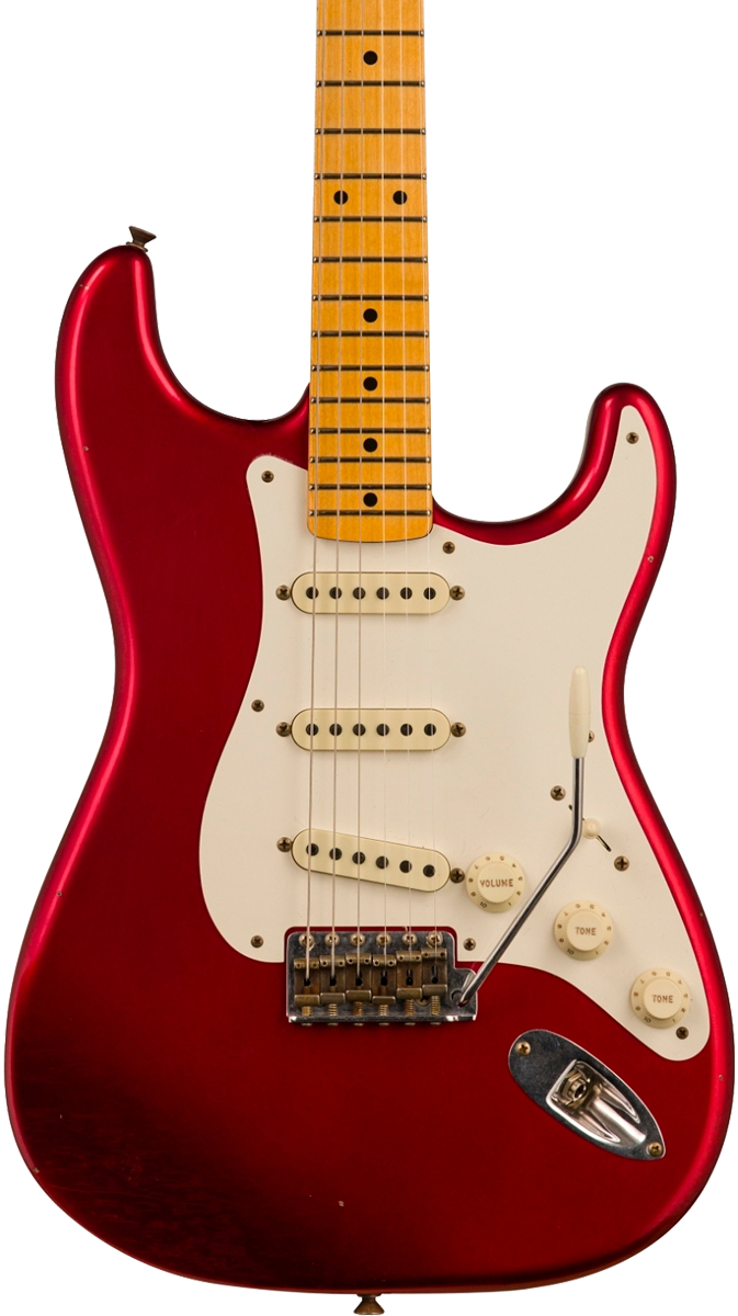 Front of body of Fender Custom Shop Limited Edition 56 Strat Journeyman Relic Super Faded Aged Candy Apple Red.