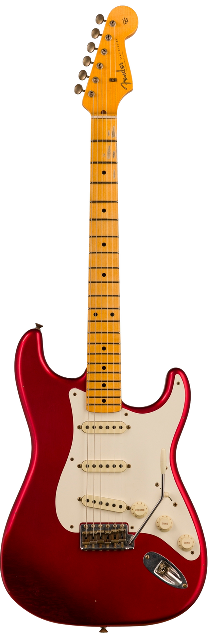 Full front of body of Fender Custom Shop Limited Edition 56 Strat Journeyman Relic Super Faded Aged Candy Apple Red.