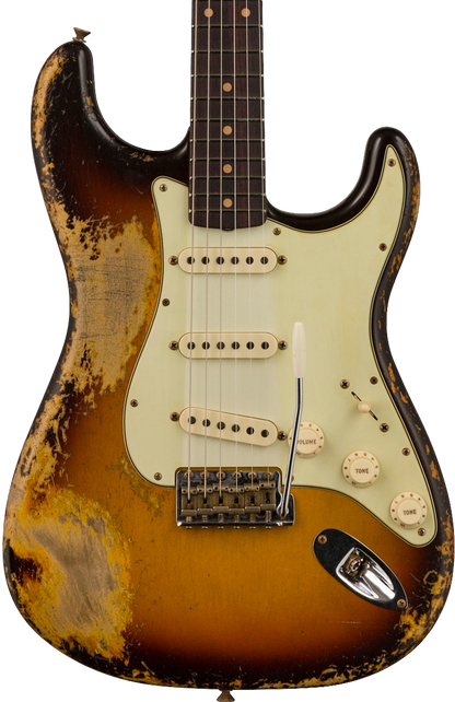 Front of Fender Custom Shop Limited Edition '59 Strat Super Heavy Relic Super Faded Aged Chocolate 3-color Sunburst.