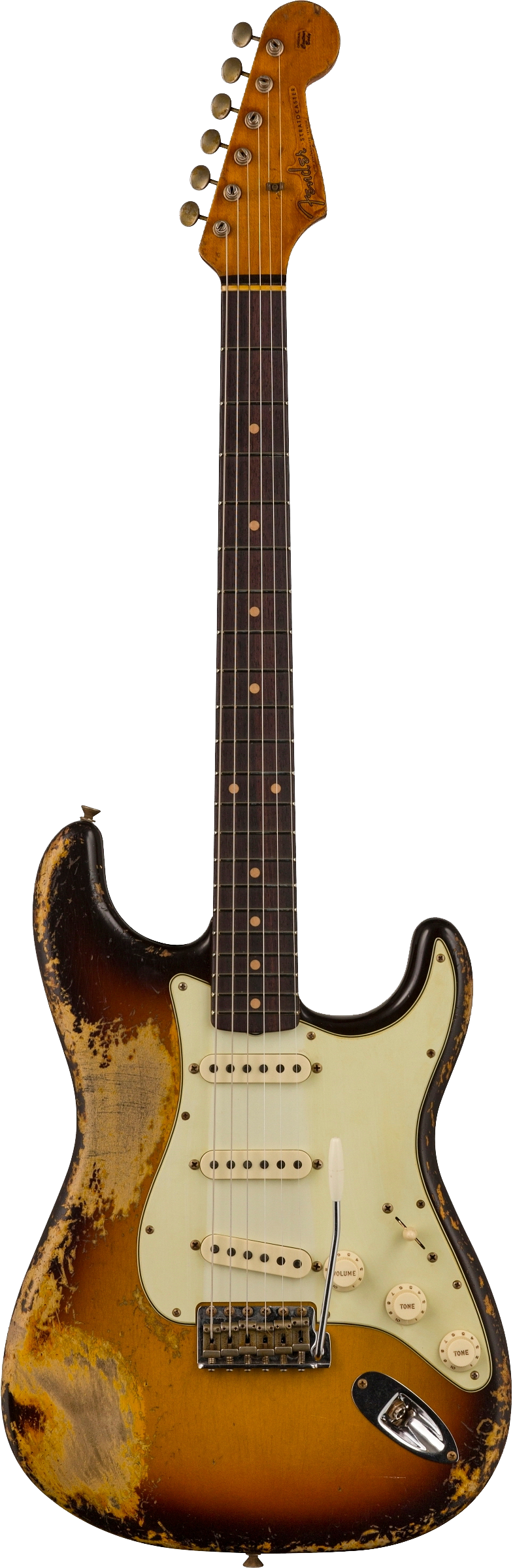 Full frontal of Fender Custom Shop Limited Edition '59 Strat Super Heavy Relic Super Faded Aged Chocolate 3-color Sunburst.
