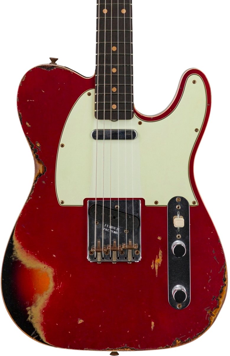 Front of Fender Custom Shop Limited Edition '60 Tele Custom Heavy Relic Aged Candy Apple Red/ 3-color Sunburst.