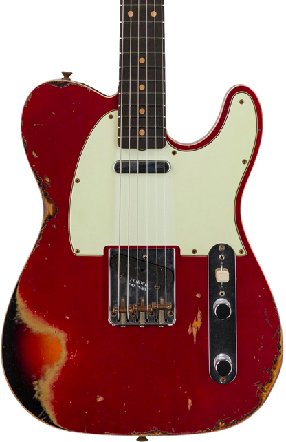 Front of Fender Custom Shop Limited Edition '60 Tele Custom Heavy Relic Aged Candy Apple Red/ 3-color Sunburst.