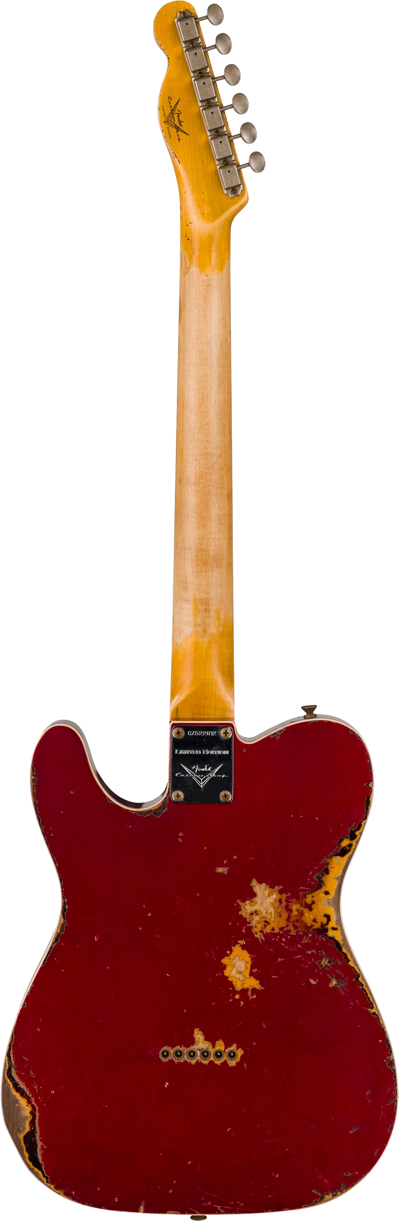 Back of Fender Custom Shop Limited Edition '60 Tele Custom Heavy Relic Aged Candy Apple Red/ 3-color Sunburst.