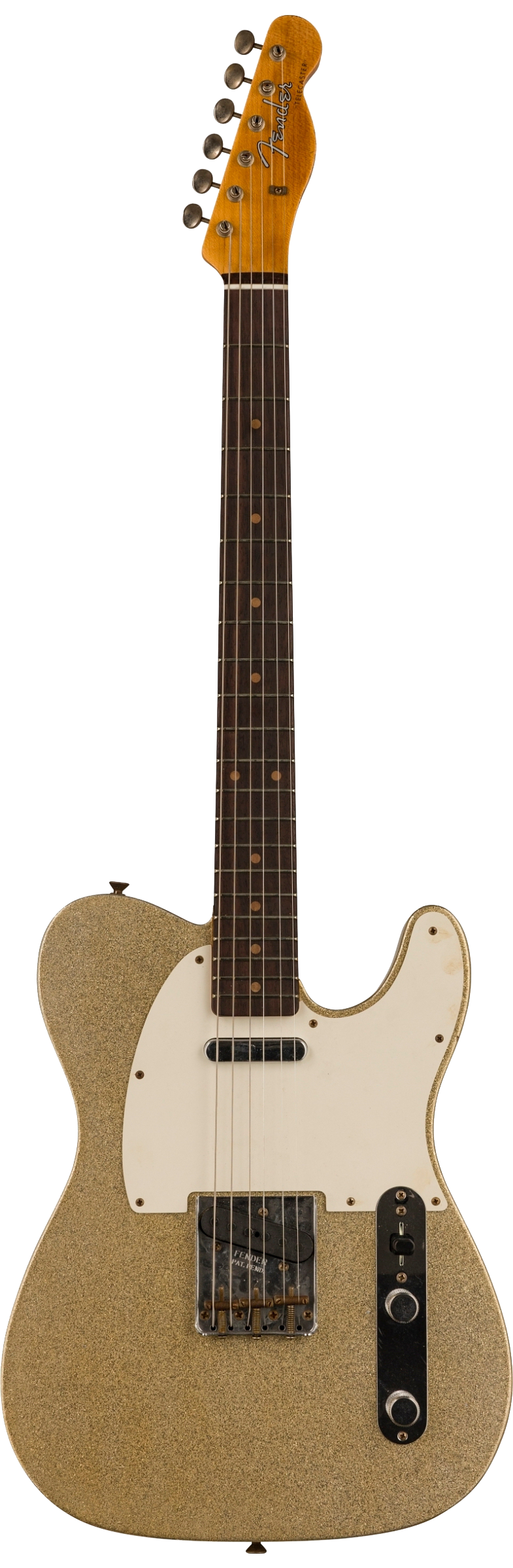 Full front shot of Fender Custom Shop Limited Edition '60 Tele Journeyman Relic Aged Silver Sparkle.