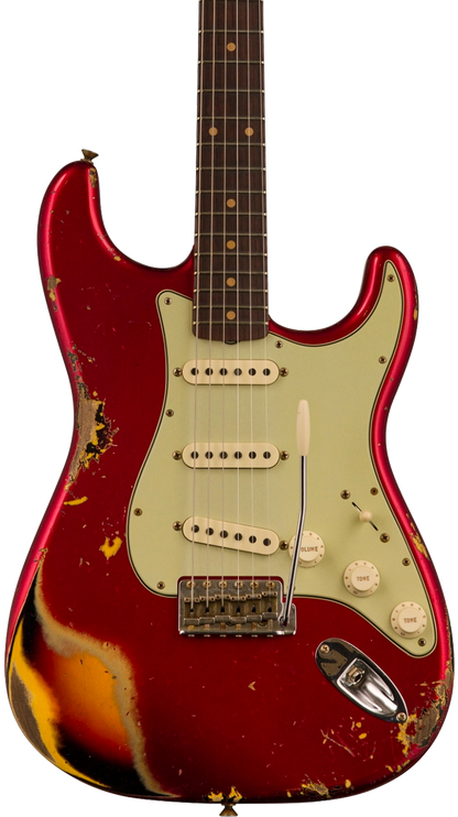 From of Fender Custom Shop Limited Edition '62 Strat Heavy Relic Aged Candy Apple Red Over 3 Color Sunburst.
