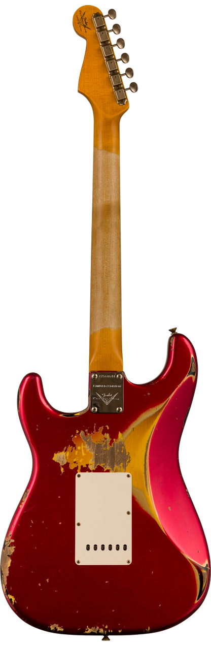 Back of Fender Custom Shop Limited Edition '62 Strat Heavy Relic Aged Candy Apple Red Over 3 Color Sunburst.