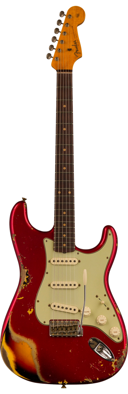 Full shot of Fender Custom Shop Limited Edition '62 Strat Heavy Relic Aged Candy Apple Red Over 3 Color Sunburst.