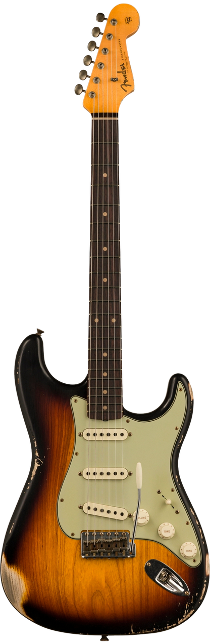 Full frontal of Fender Custom Shop Limited Edition '62 Strat Heavy Relic Faded Aged 3 Color Sunburst.