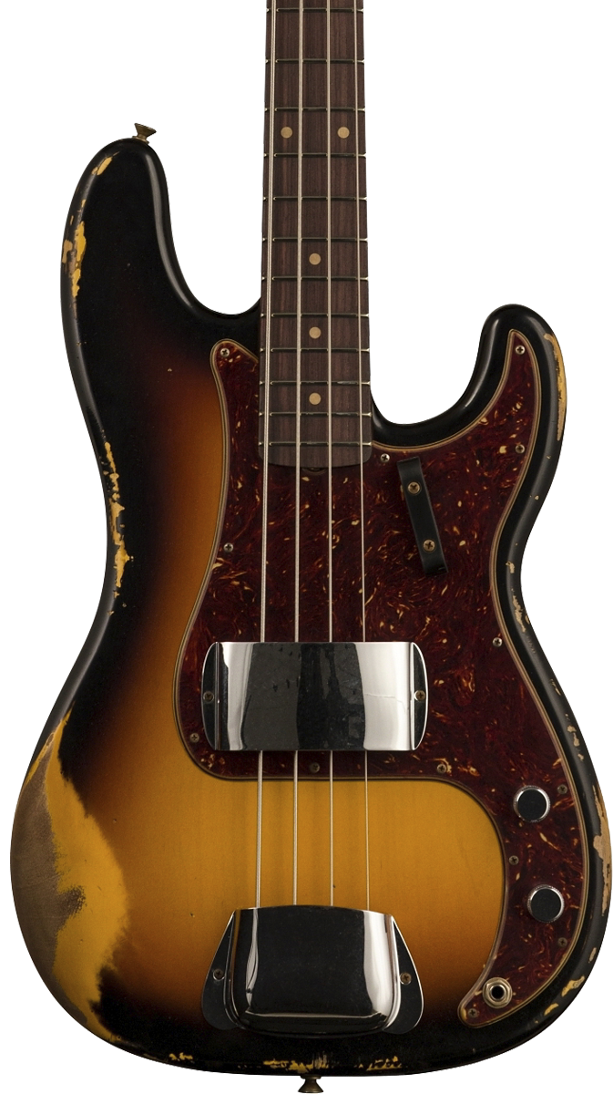 Front of body of Fender Custom Shop Limited Edition '63 Precision Bass Heavy Relic Faded Aged 3 Color Sunburst.