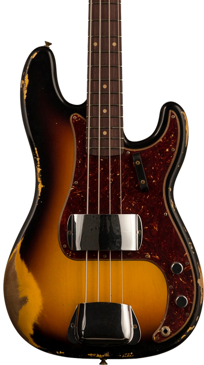Front of body of Fender Custom Shop Limited Edition '63 Precision Bass Heavy Relic Faded Aged 3 Color Sunburst.