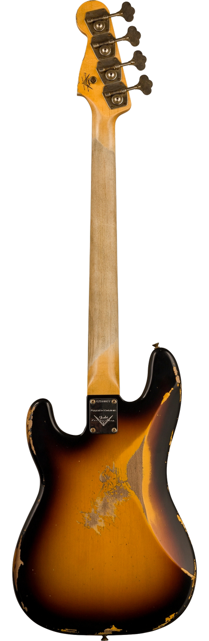 Full back shot of Fender Custom Shop Limited Edition '63 Precision Bass Heavy Relic Faded Aged 3 Color Sunburst.