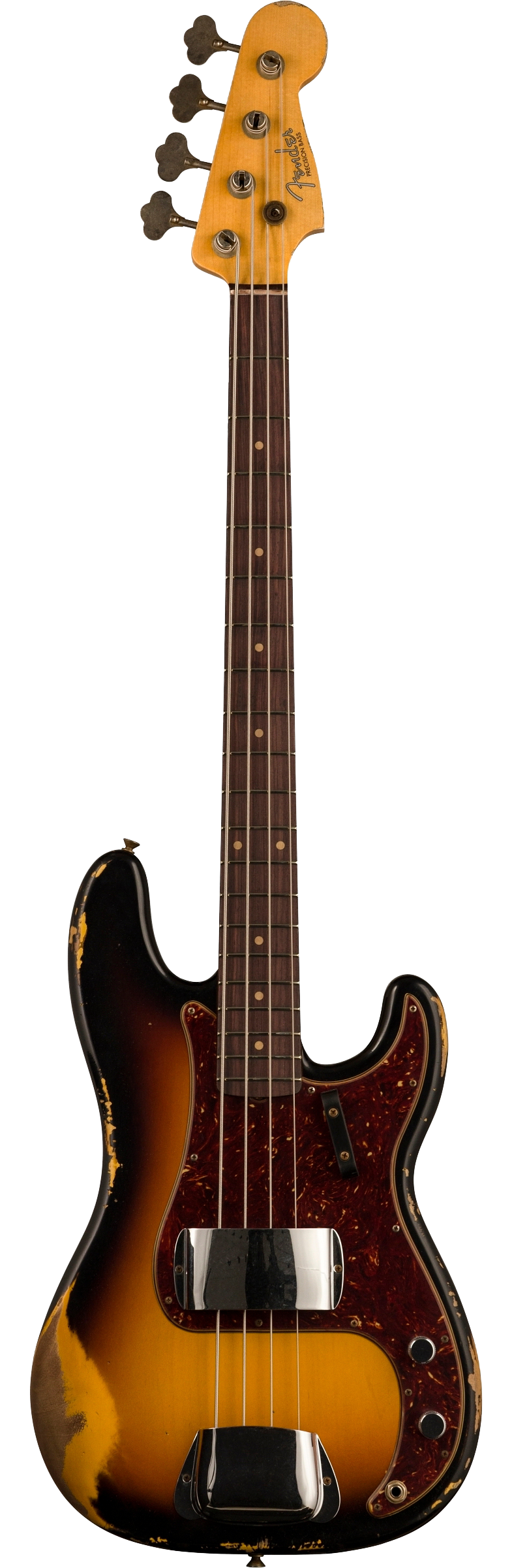 Full front shot of Fender Custom Shop Limited Edition '63 Precision Bass Heavy Relic Faded Aged 3 Color Sunburst.