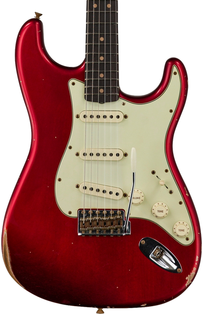 Front of body of Fender Custom Shop Limited Edition '63 Strat Relic Aged Candy Apple Red.
