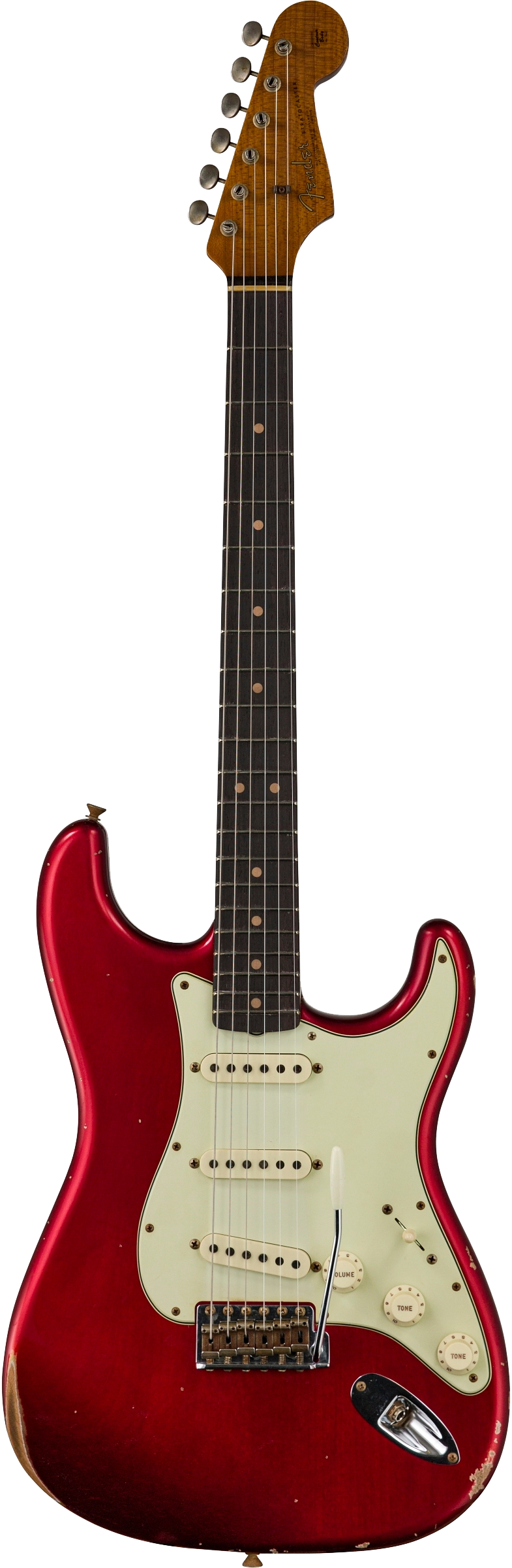 Front of Fender Custom Shop Limited Edition '63 Strat Relic Aged Candy Apple Red.