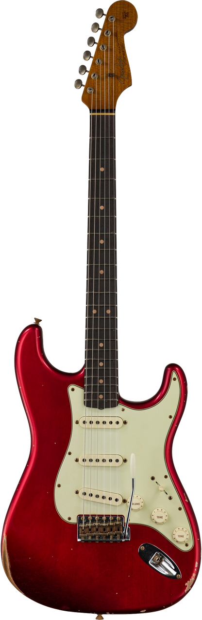 Front of Fender Custom Shop Limited Edition '63 Strat Relic Aged Candy Apple Red.
