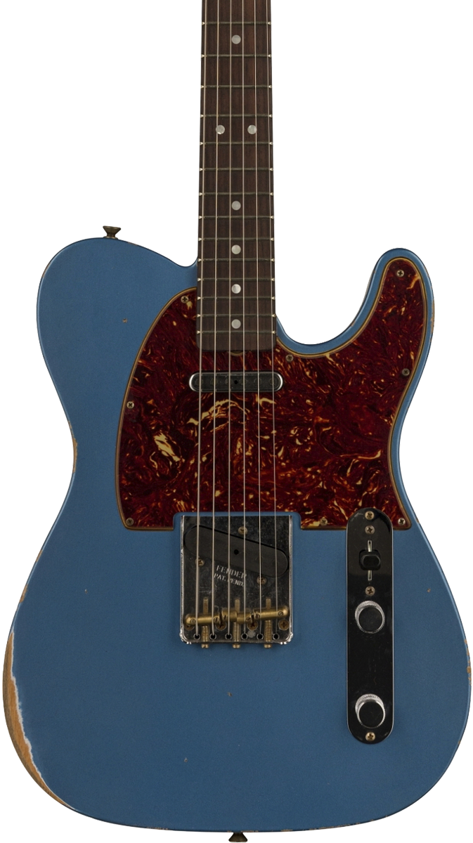 Front of body of Fender Custom Shop Limited Edition '64 Tele Relic Aged Lake Placid Blue.